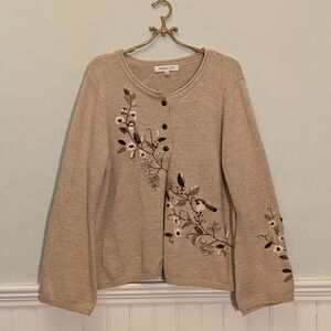 Coldwater Creek Embroidered Floral Cardigan Sweater – Cozy Neutral Knit (Size L)